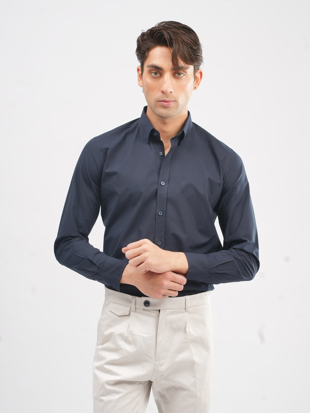 Men's navy blue satin shirt front view