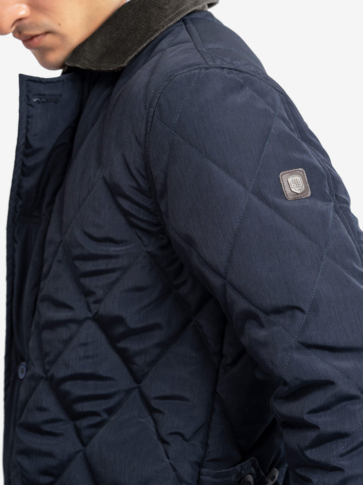 Side view of navy blue polyester outerwear
