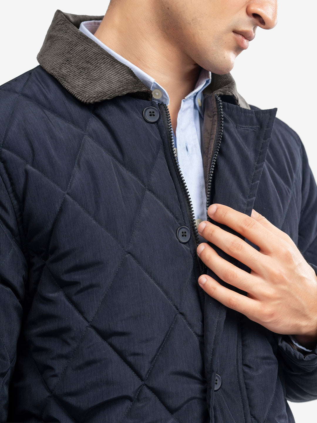 Close up of corduroy collar on navy coat