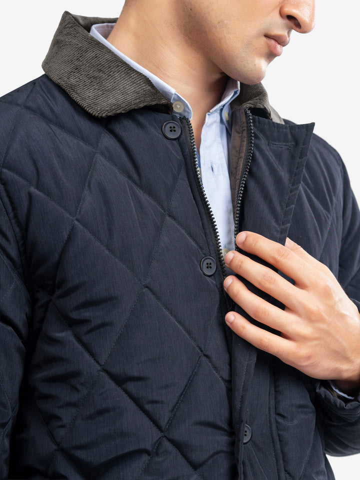 Close up of corduroy collar on navy coat