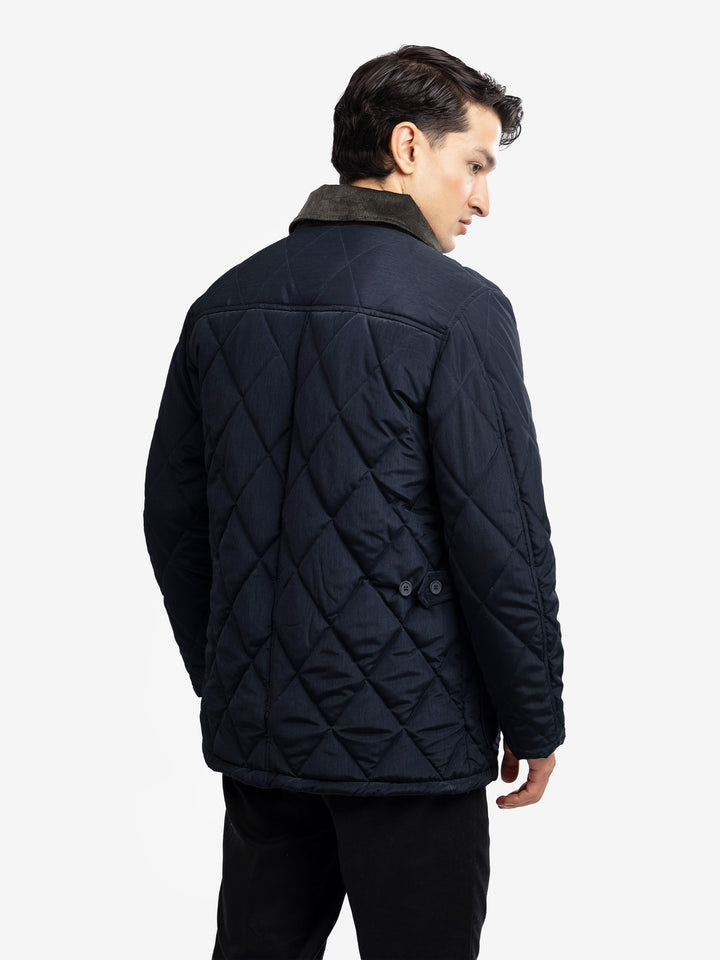 Back view of navy blue polyester outerwear
