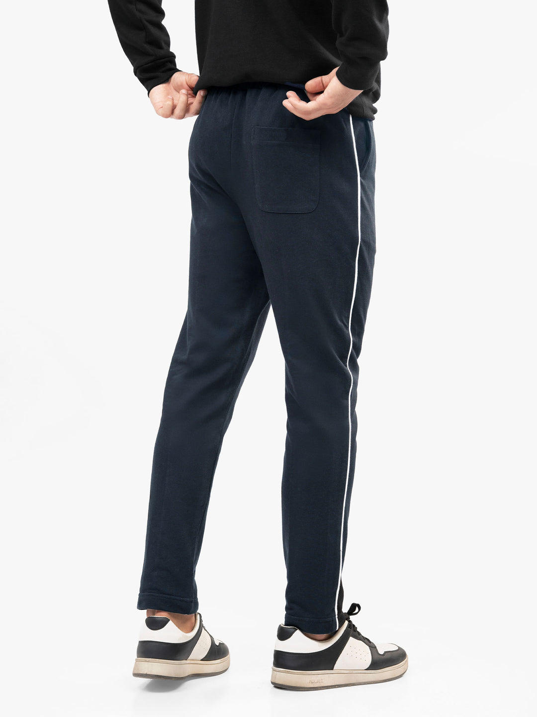 Back image of navy blue cotton pajama fabric