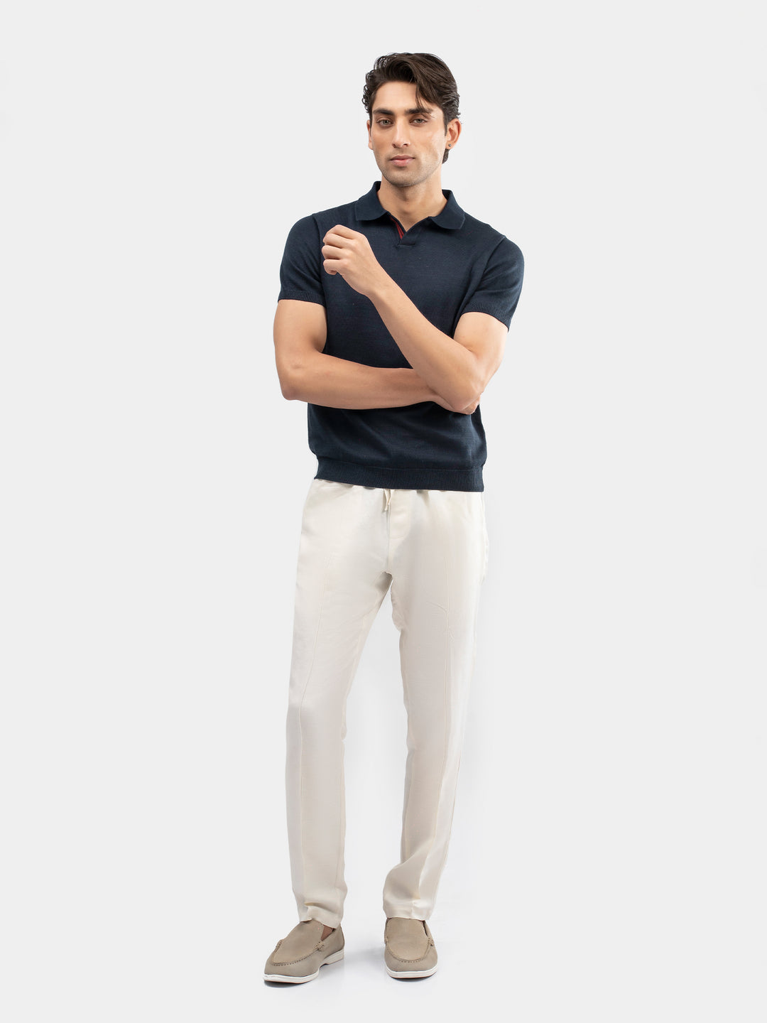 Navy Blue V-Placket Flat Knit Polo