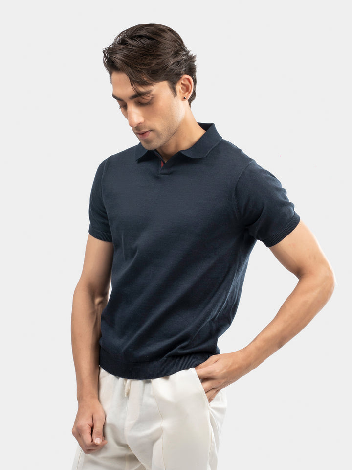Navy Blue V-Placket Flat Knit Polo