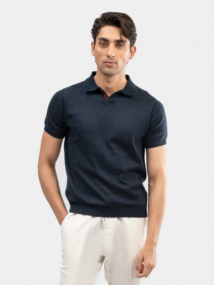 Navy Blue V-Placket Flat Knit Polo