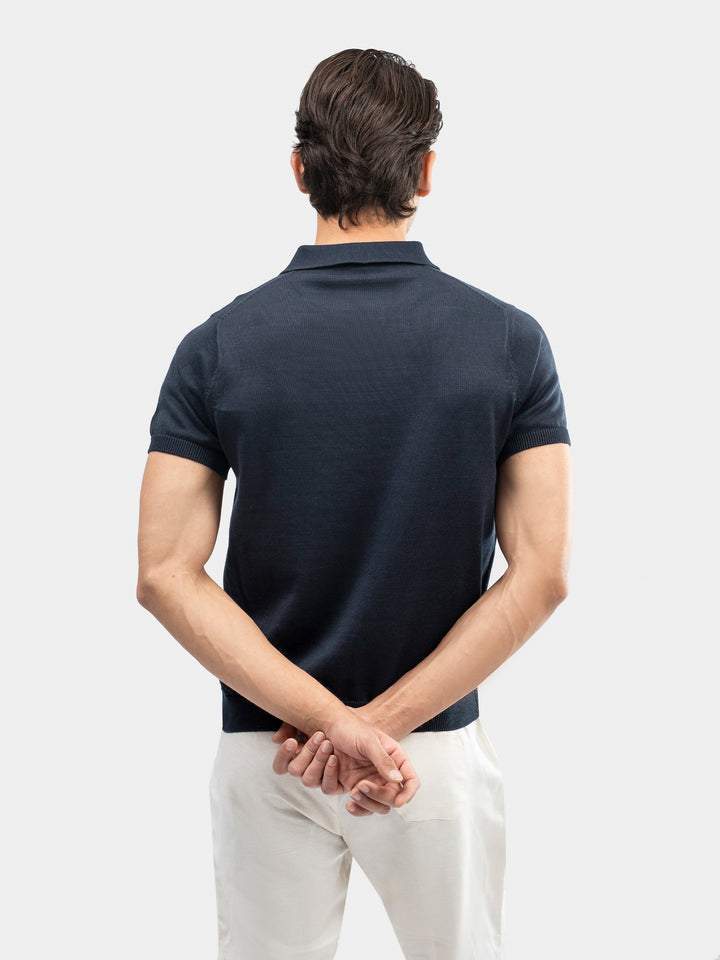 Navy Blue V-Placket Flat Knit Polo