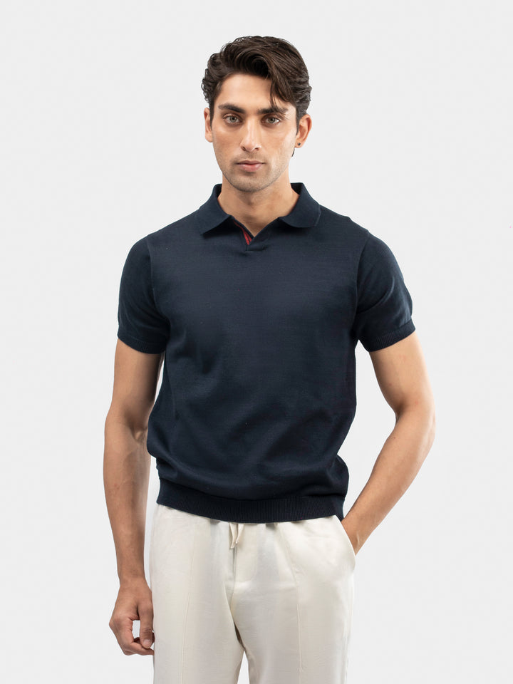 Navy Blue V-Placket Flat Knit Polo
