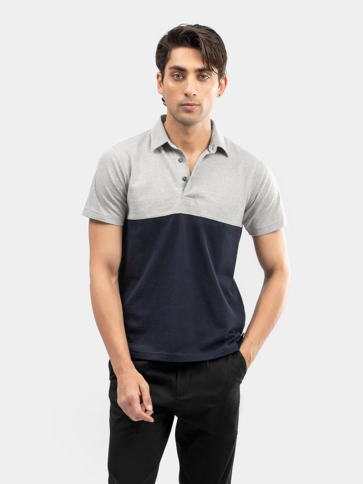 Navy Blue & Heather Grey Self Collar Polo