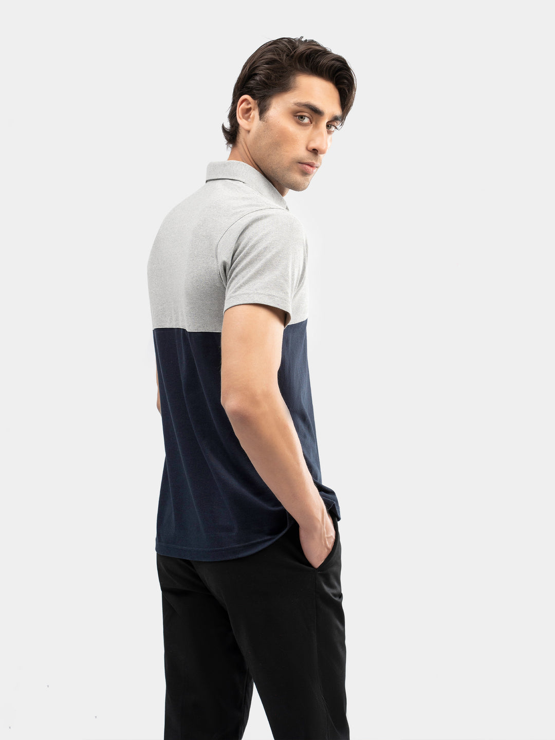 Navy Blue & Heather Grey Self Collar Polo