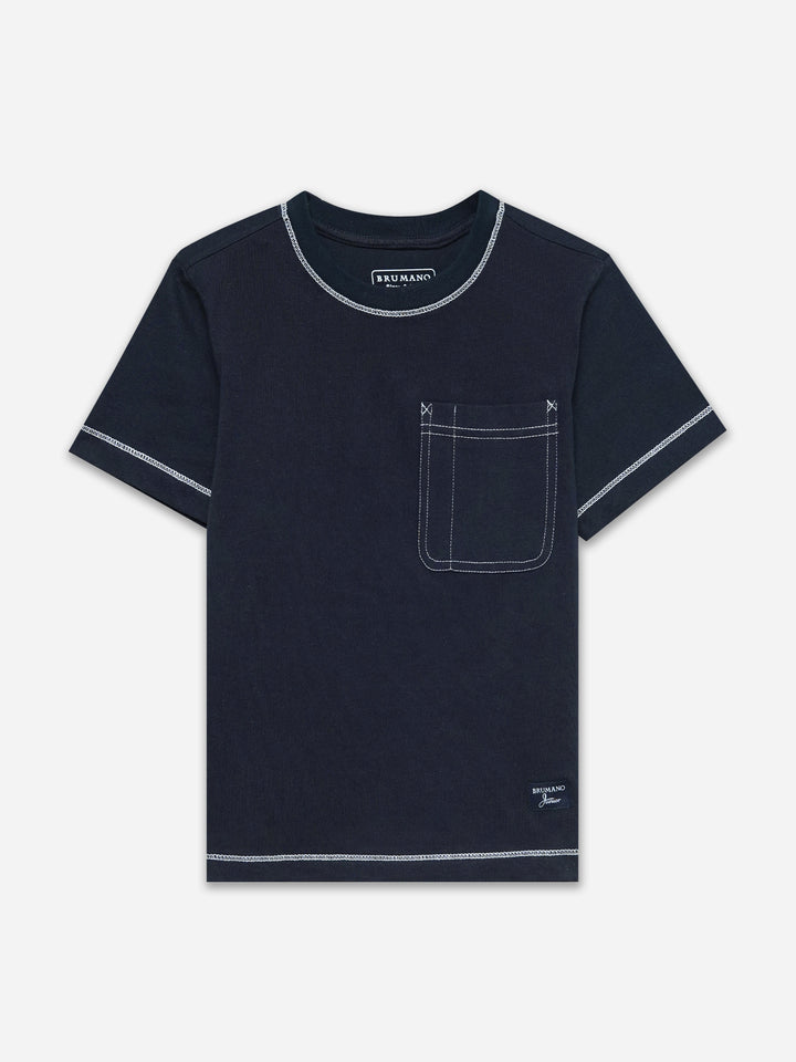 Navy Blue Casual Crew Neck T-Shirt With Stitch Detailing - Junior