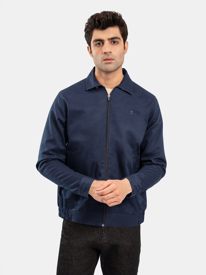 Navy Blue Cotton Twill Casual Collar Jacket