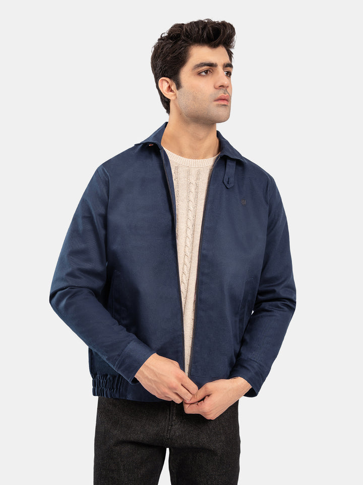 Navy Blue Cotton Twill Casual Collar Jacket