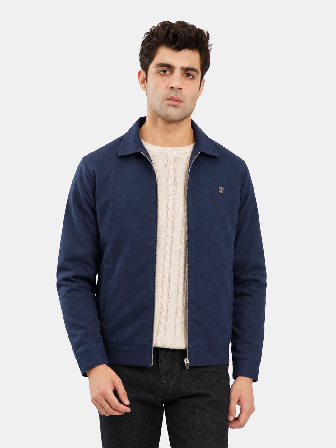 Navy Blue Cotton Twill Casual Collar Jacket