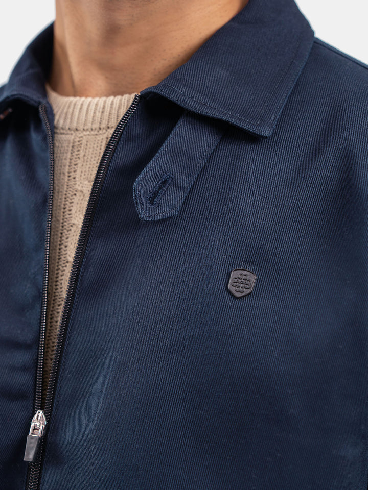 Navy Blue Cotton Twill Casual Collar Jacket