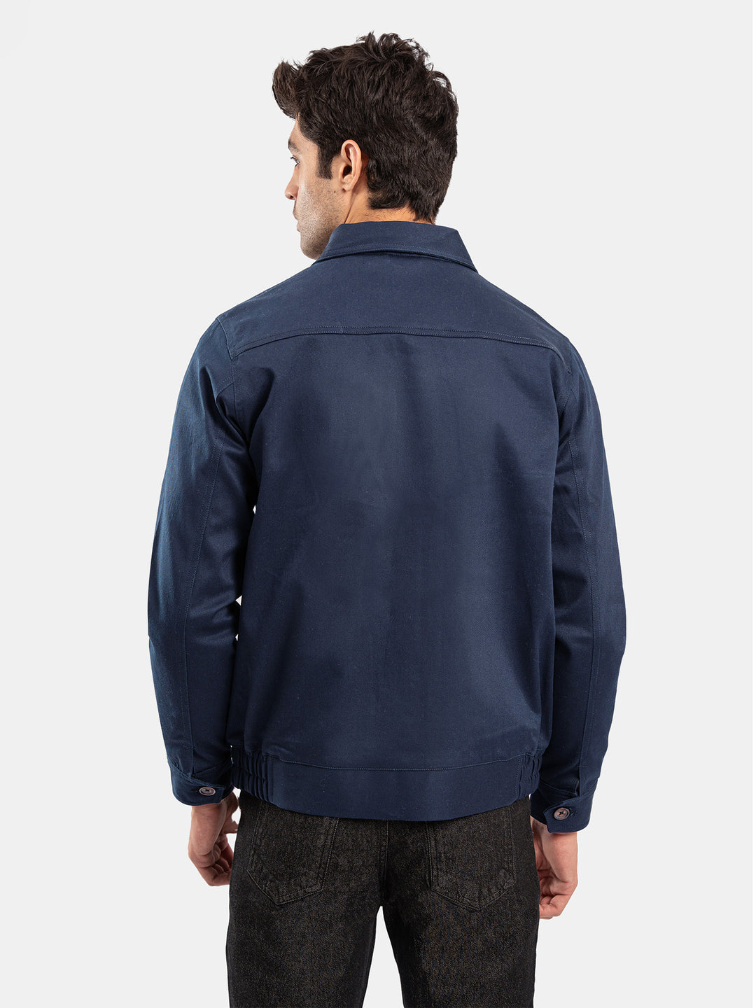 Navy Blue Cotton Twill Casual Collar Jacket