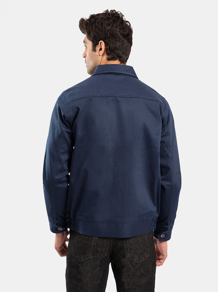 Navy Blue Cotton Twill Casual Collar Jacket