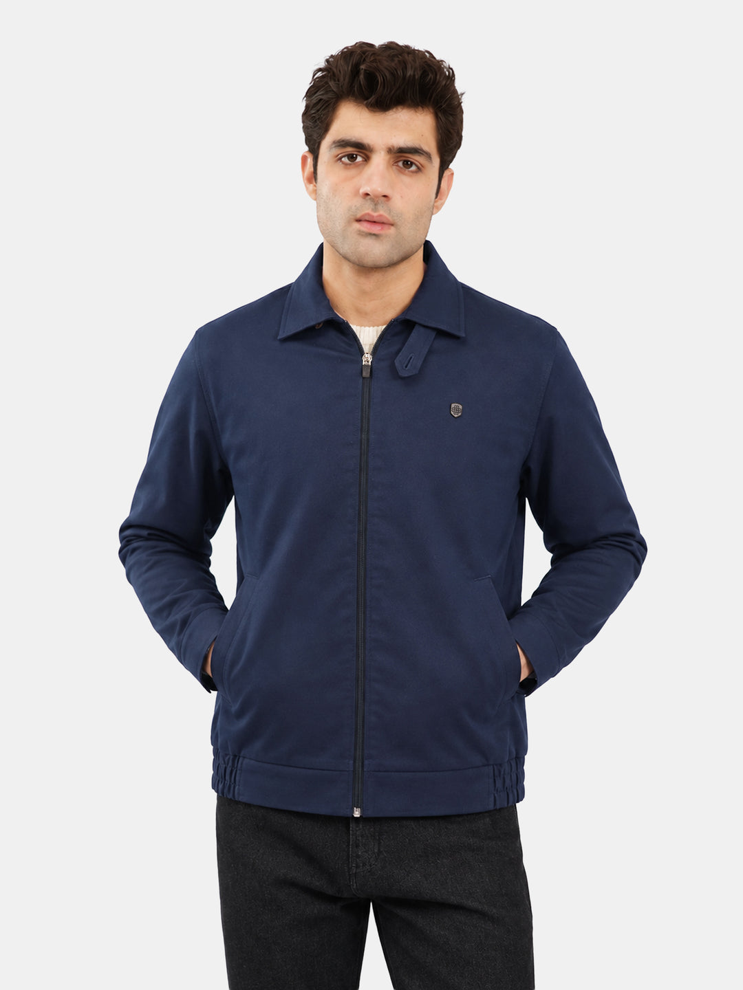 Navy Blue Cotton Twill Casual Collar Jacket