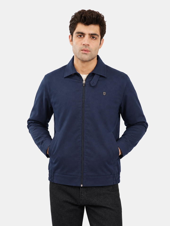 Navy Blue Cotton Twill Casual Collar Jacket