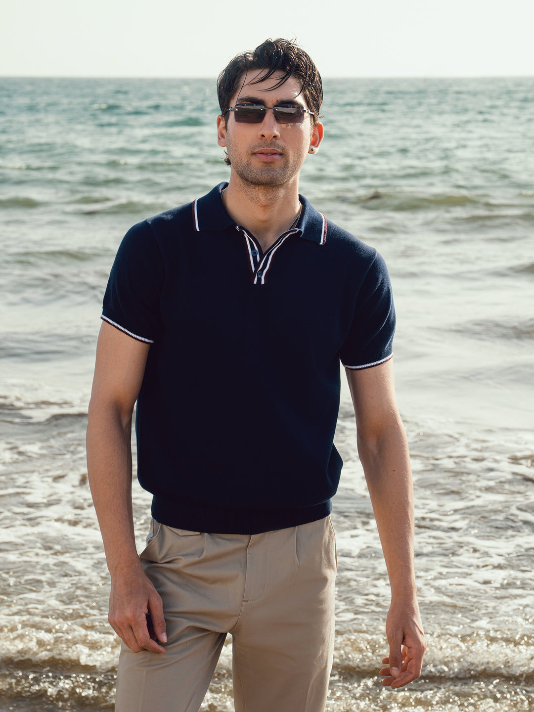 Navy Blue Flat Knit Polo With Contrating Placket
