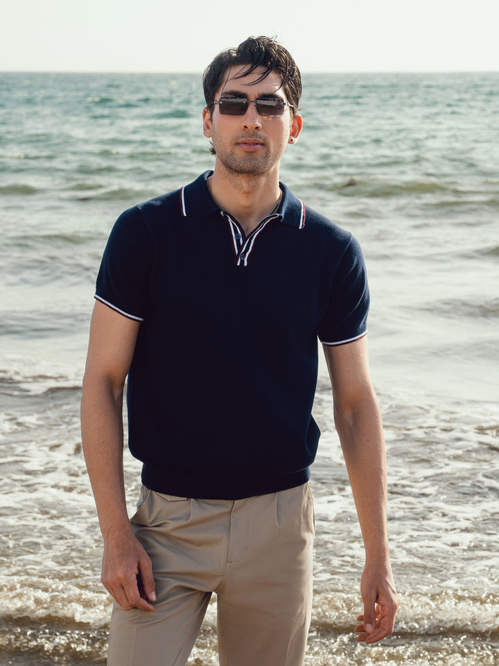  Men's navy blue flat knit polo shirt front view