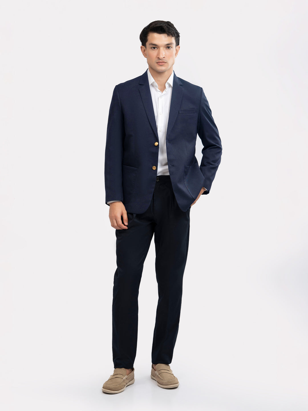 Navy blue formal blazer with golden buttons brumano pakistan