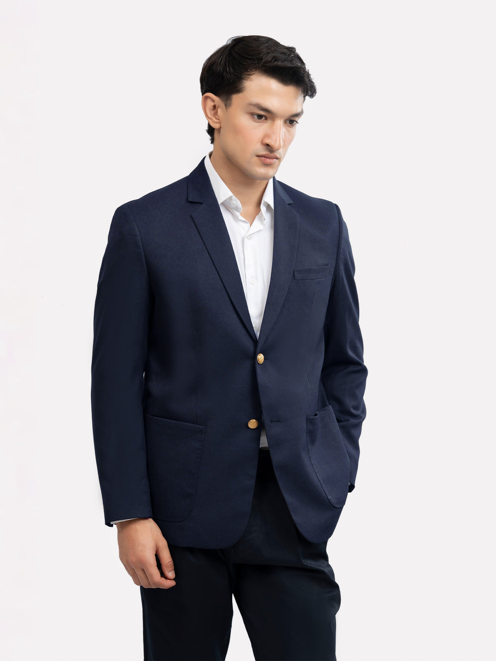 Men's navy blue formal blazer with golden buttons front view