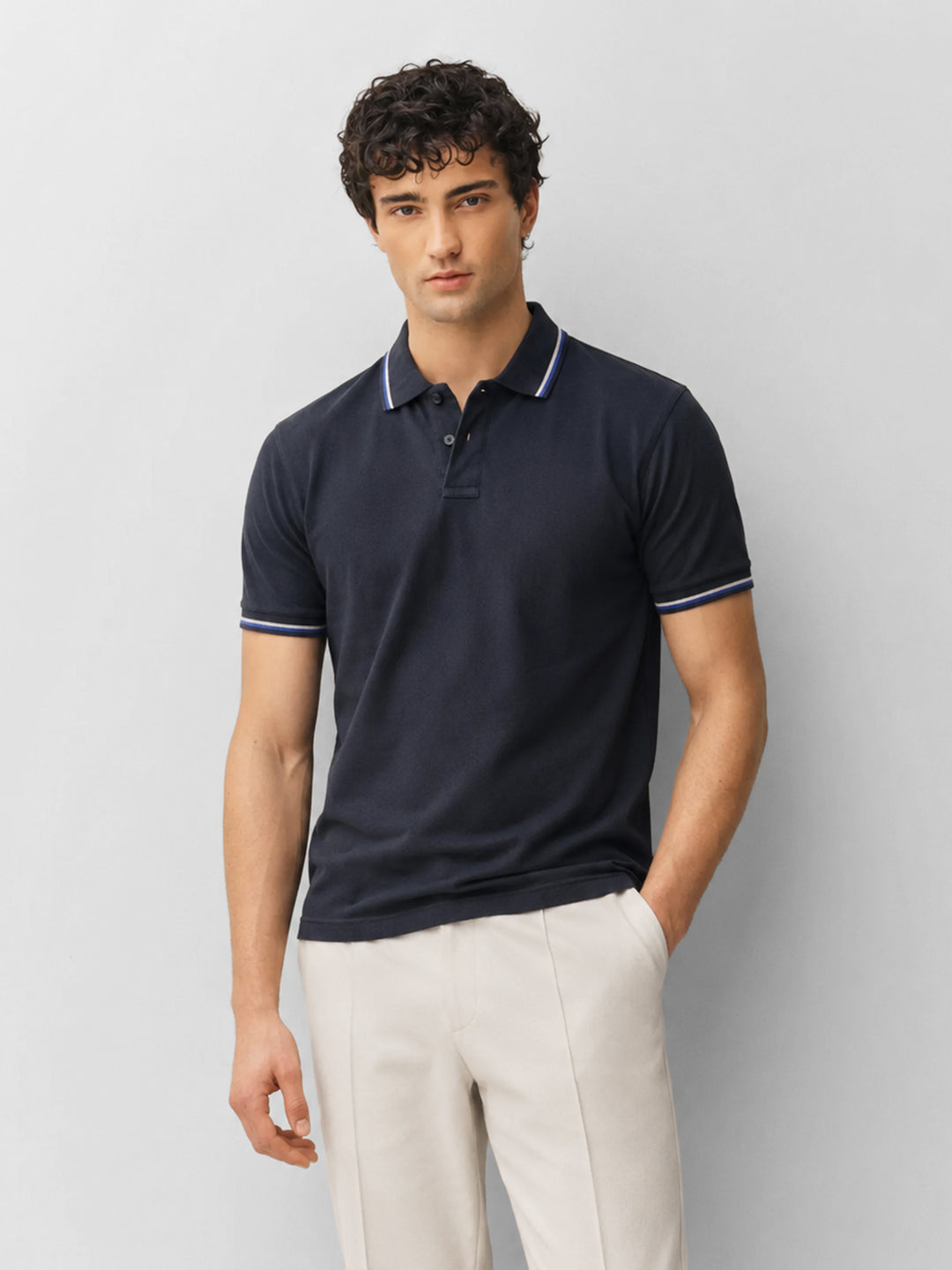 Navy Blue Multicolor Tipped Collar Pique Polo