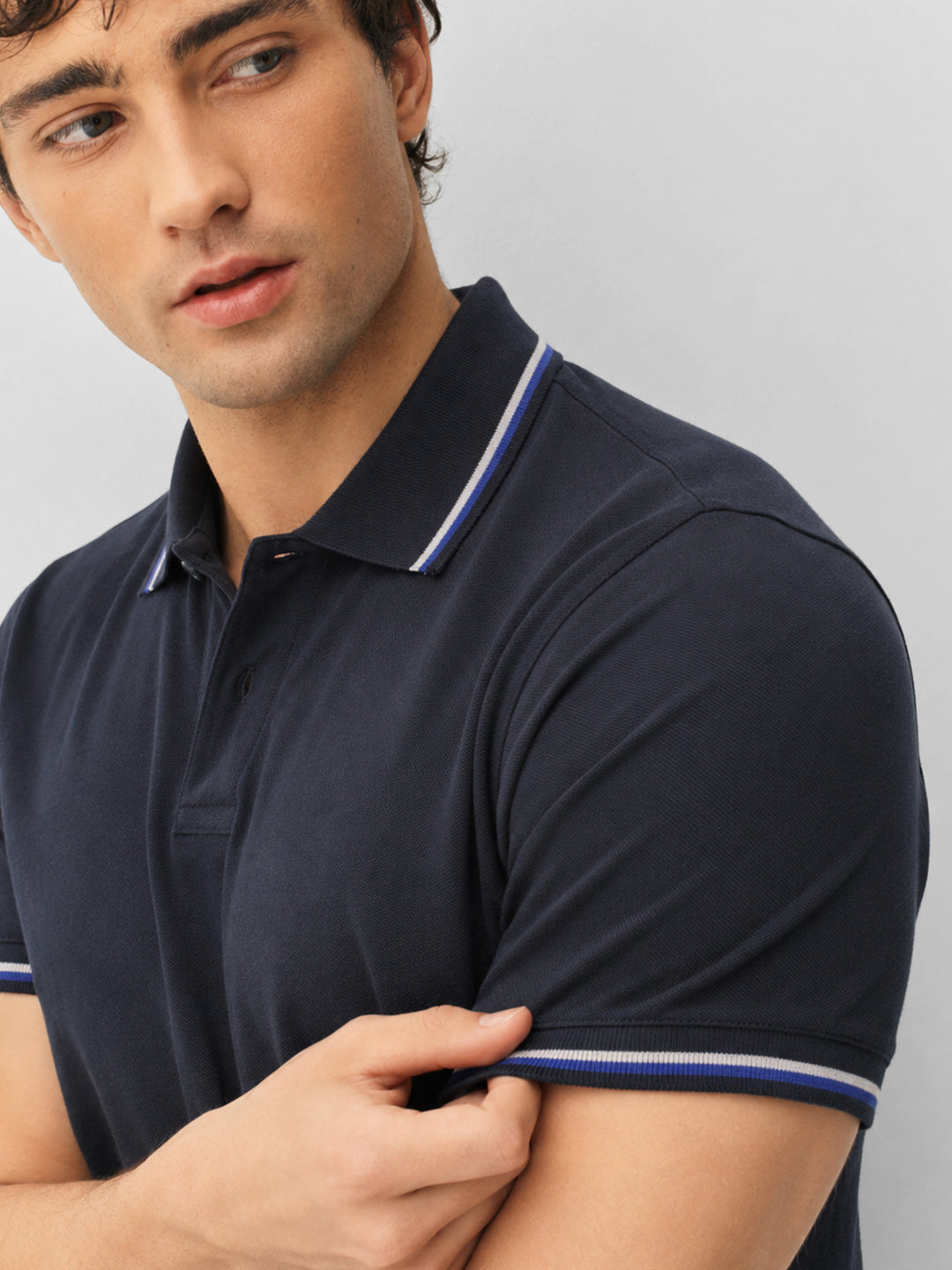 Navy Blue Multicolor Tipped Collar Pique Polo