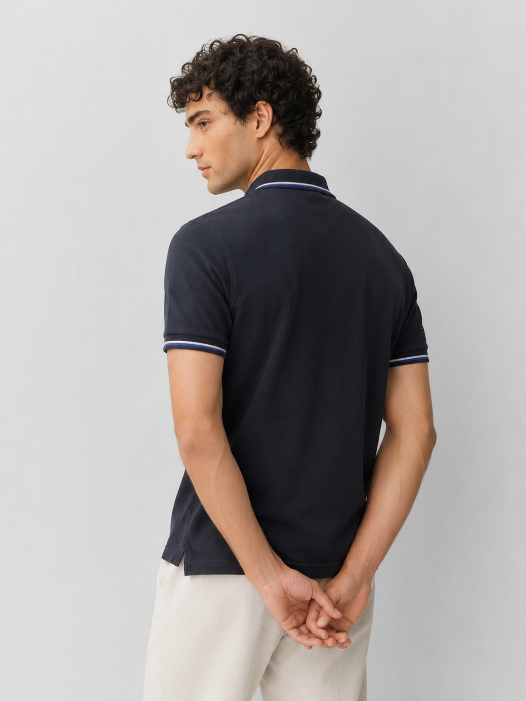 Navy Blue Multicolor Tipped Collar Pique Polo