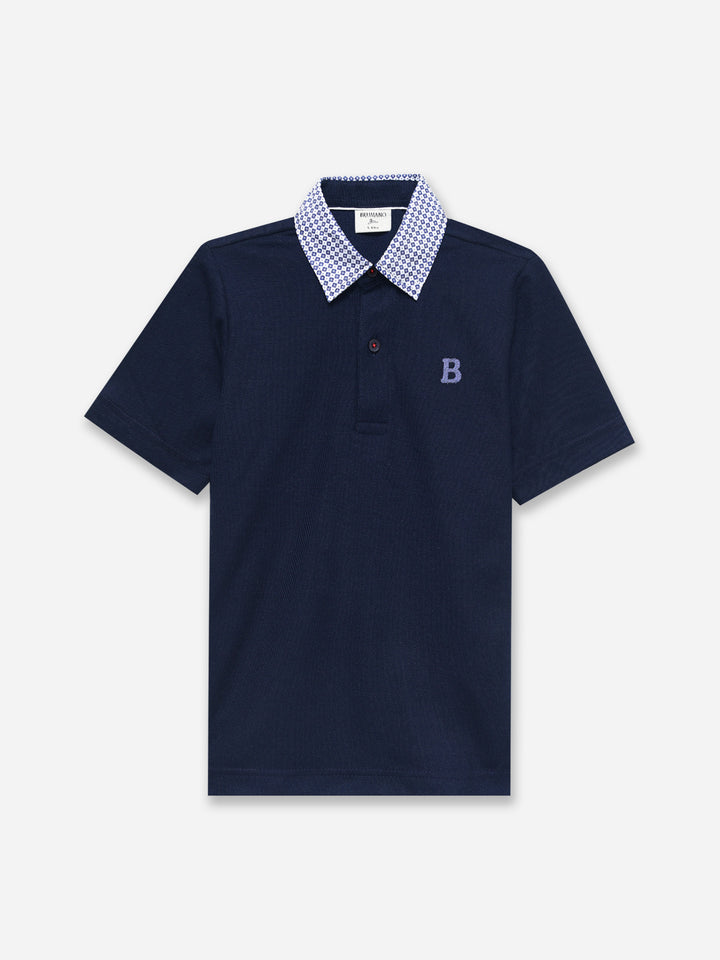 Navy Blue Pique Polo With Contrasting Printed Collar - Junior