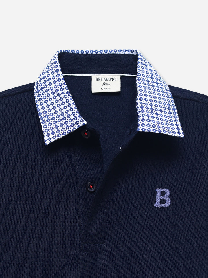 Navy Blue Pique Polo With Contrasting Printed Collar - Junior