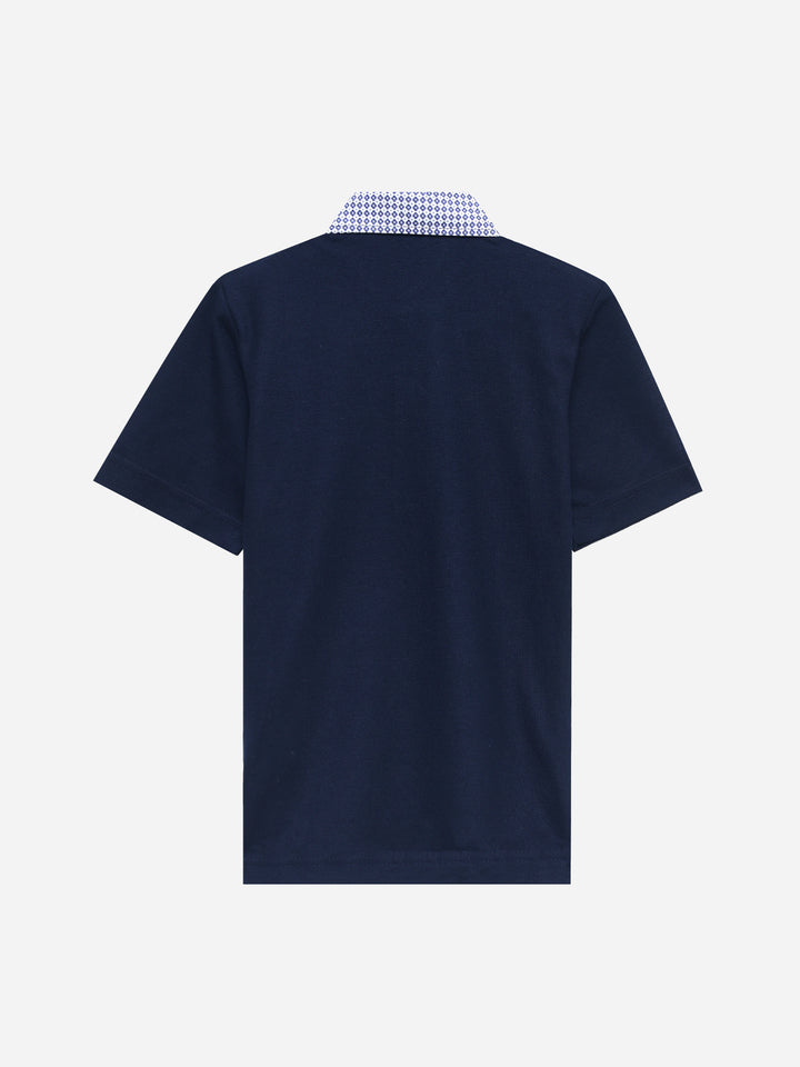 Navy Blue Pique Polo With Contrasting Printed Collar - Junior
