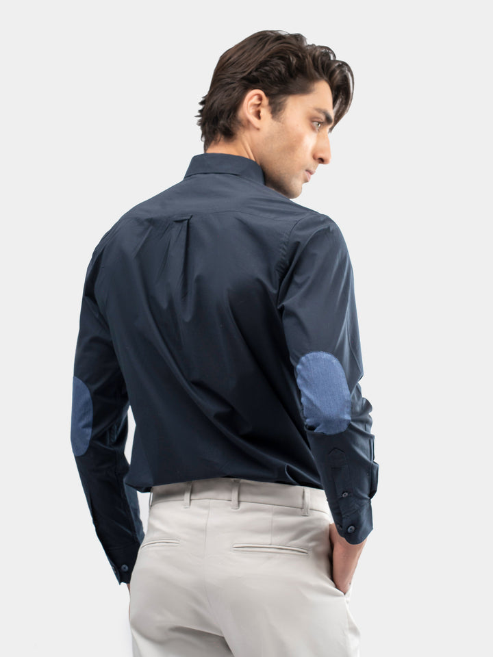 Navy Blue Satin Shirt With Elbow Patch