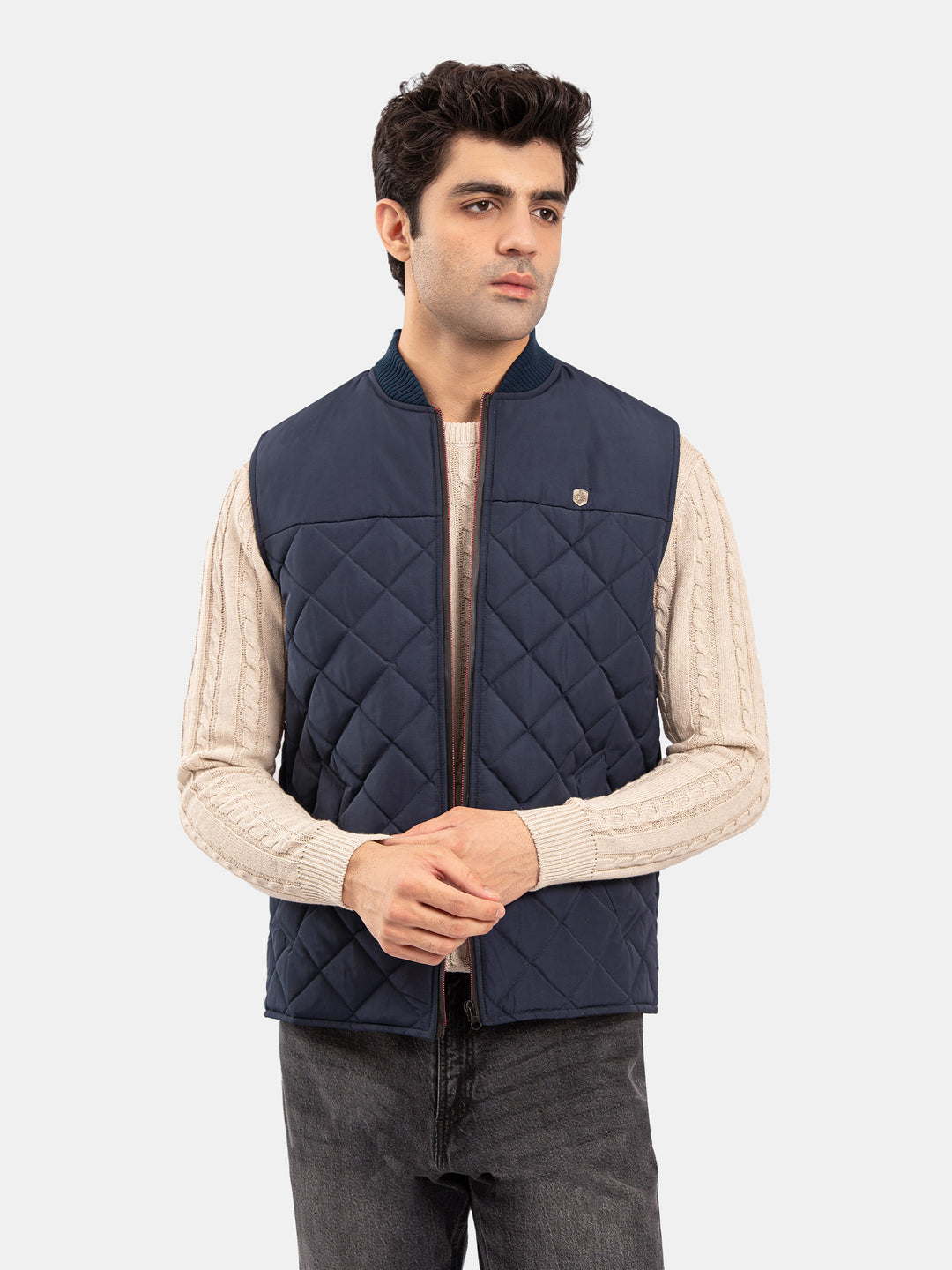 Navy Blue Sleeveless Quilted Jacket With Ribbed Baseball Collar