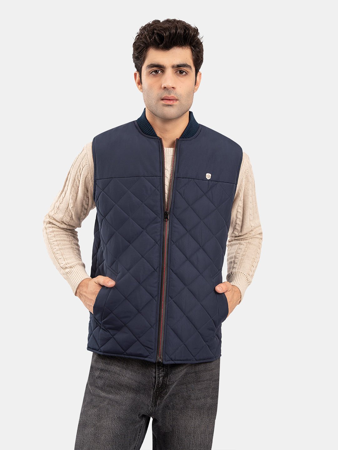 Navy Blue Sleeveless Quilted Jacket With Ribbed Baseball Collar