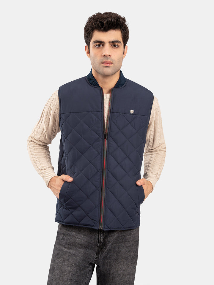 Navy Blue Sleeveless Quilted Jacket With Ribbed Baseball Collar