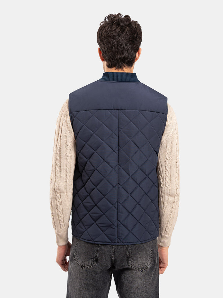 Navy Blue Sleeveless Quilted Jacket With Ribbed Baseball Collar
