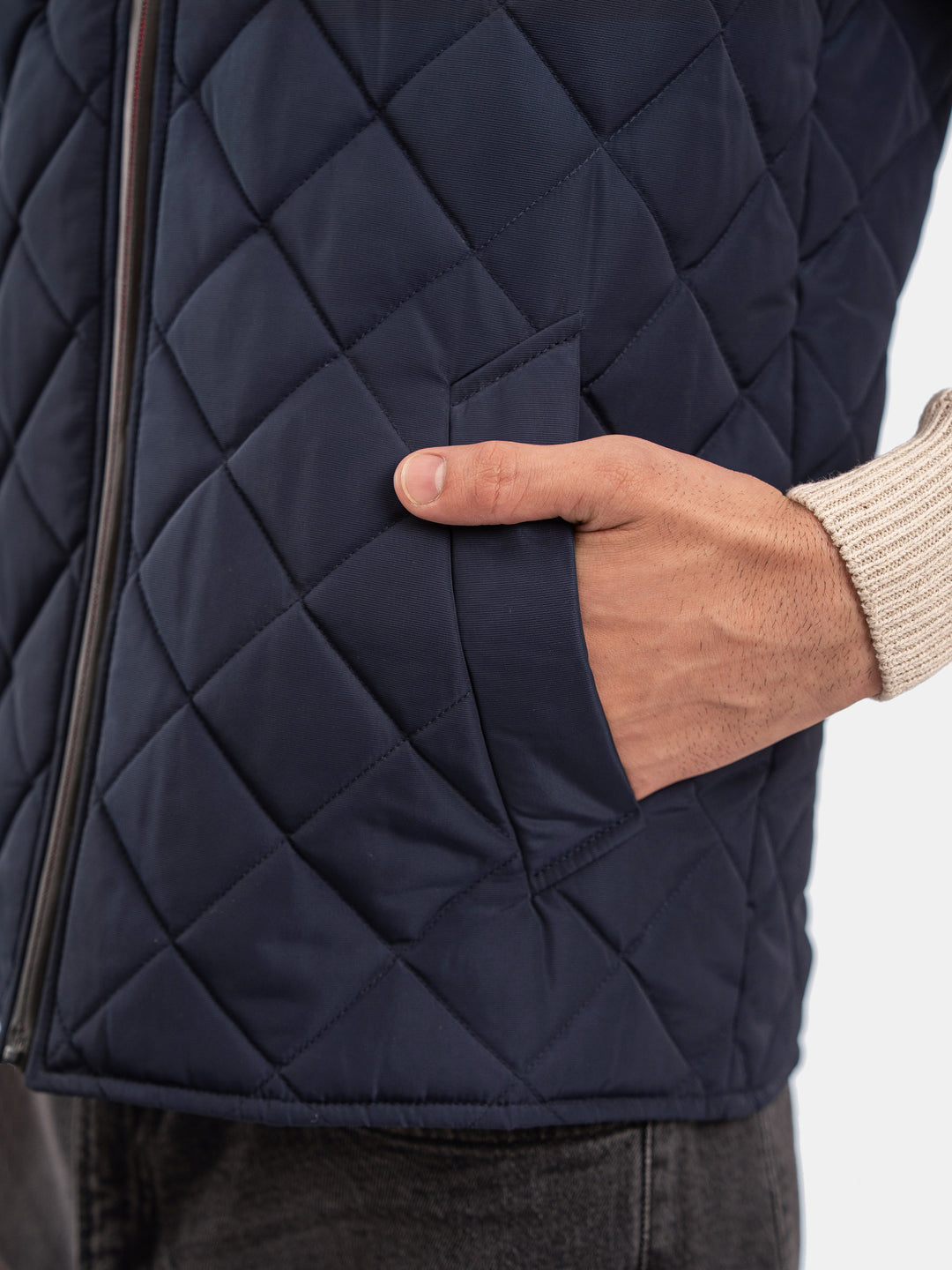Navy Blue Sleeveless Quilted Jacket With Ribbed Baseball Collar