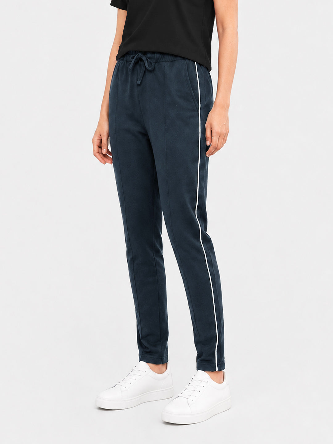 Navy Blue Sporty Regular Fit Knitted Pajama - Women