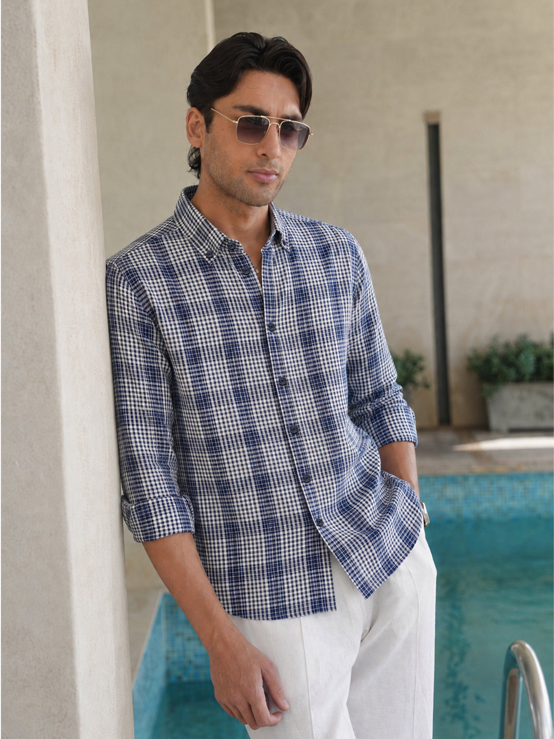 Navy blue white linen blended checkered shirt brumano pakistan 7ba87dd2 9e8d 4728 b4c5 790f1542b7e6