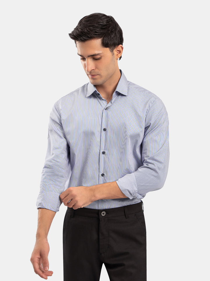 Navy Blue & White Striped Formal Shirt - Luxe