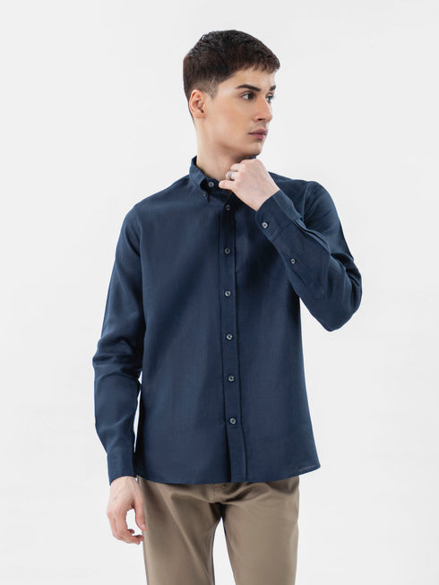 Navy Blue 100% Linen Button Down Shirt