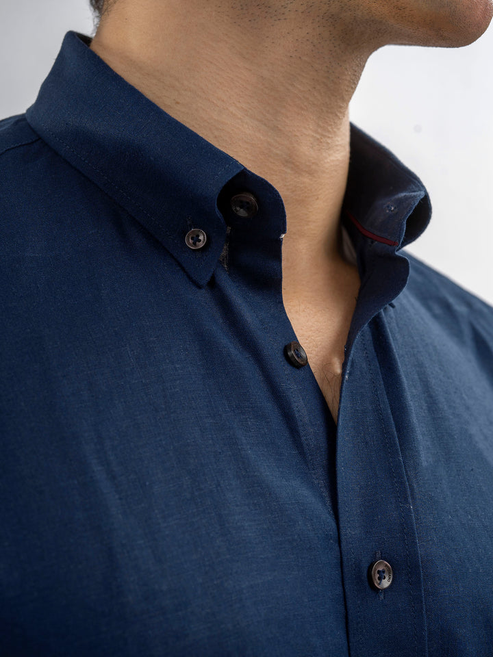 Navy Blue 100% Linen Button Down Shirt