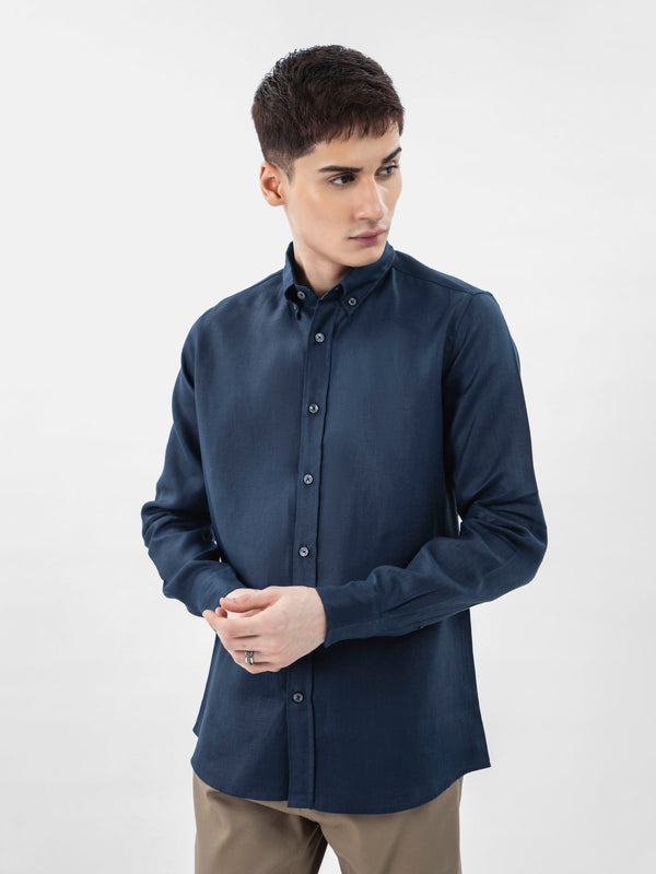 Navy Blue 100% Linen Button Down Shirt