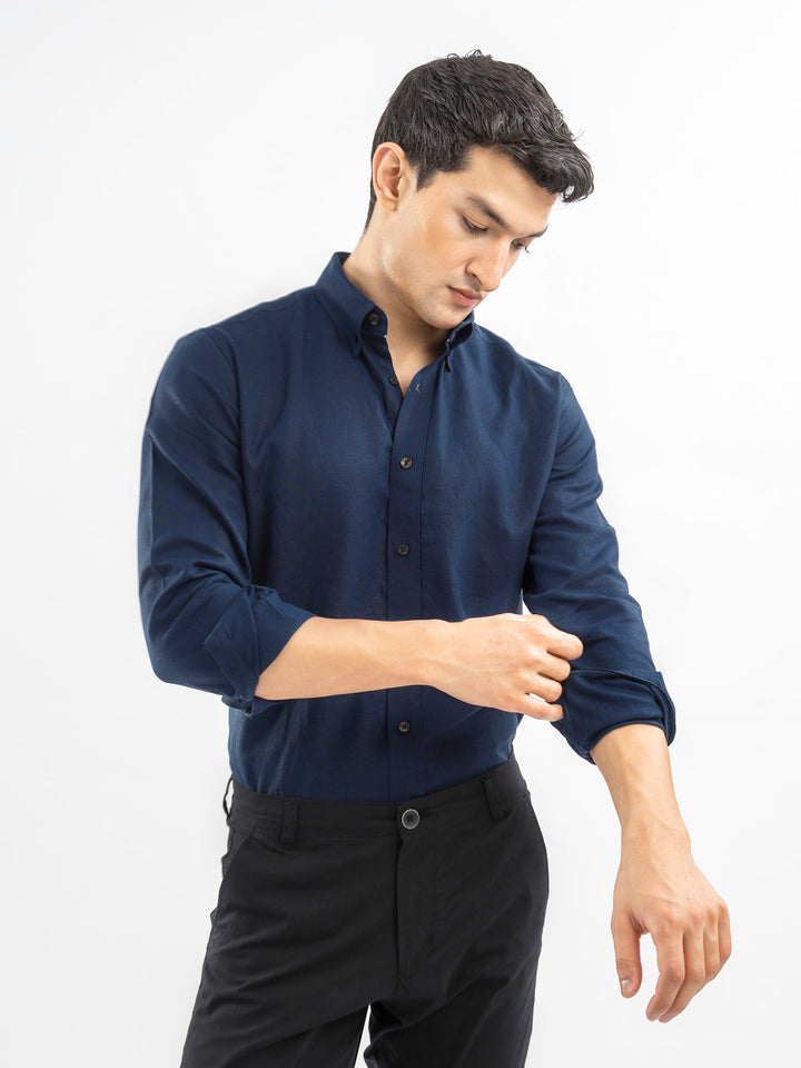 Navy Blue 100% Linen Button Down Shirt