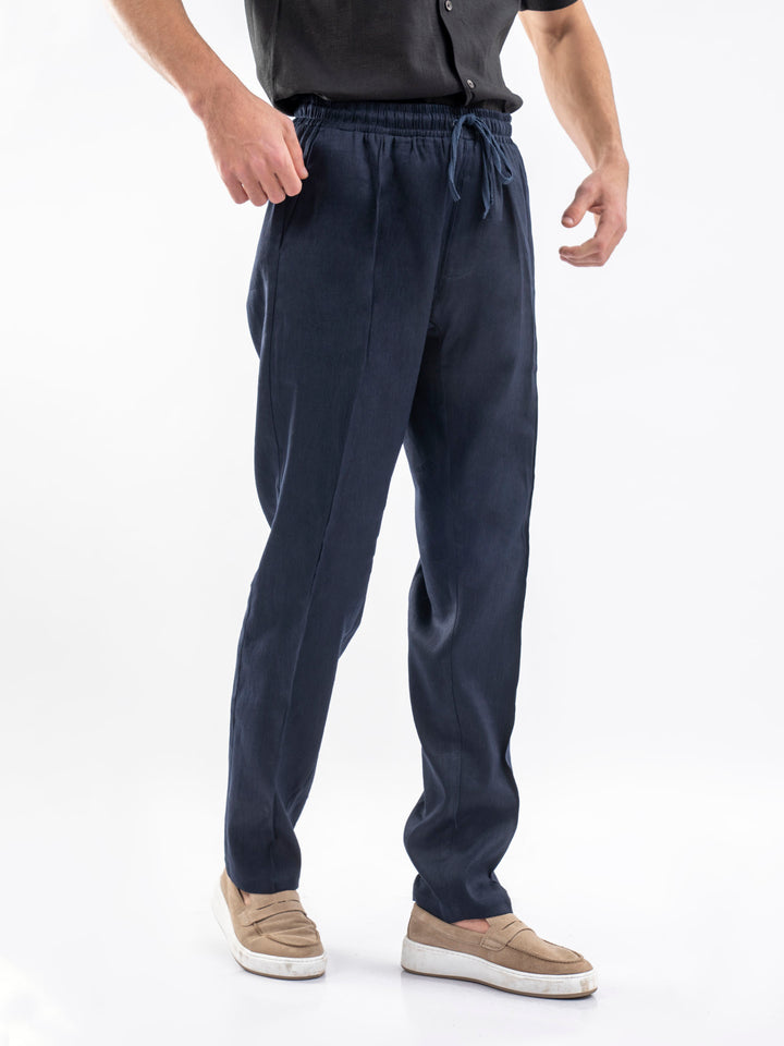 Man wearing navy blue 100% linen pajama trouser — Brumano Pakistan