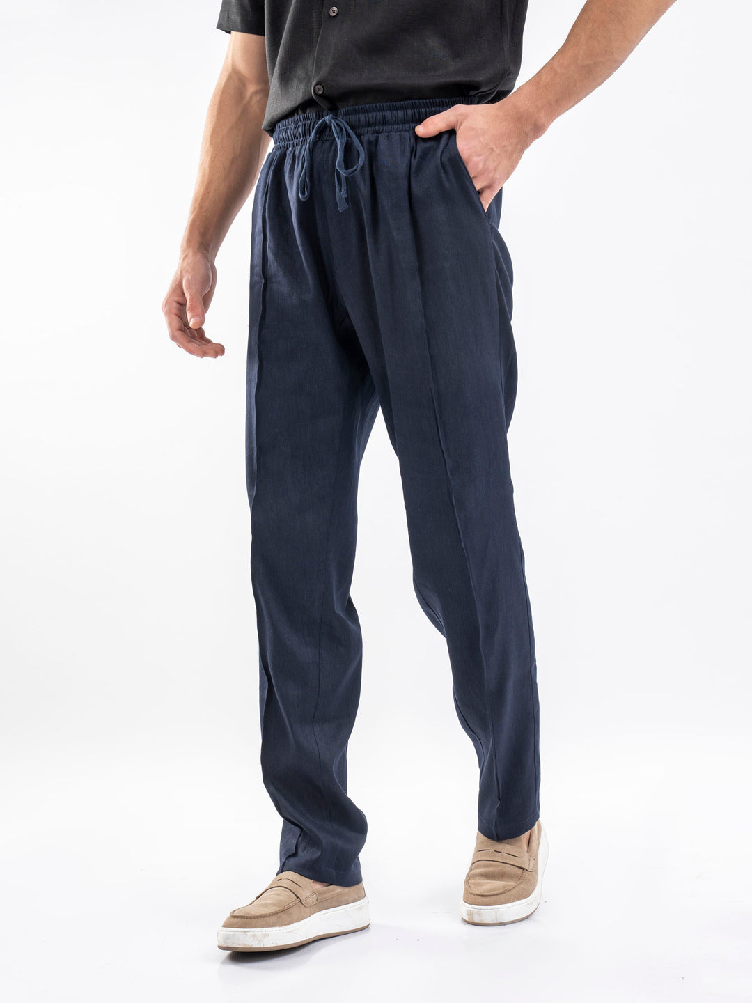 Navy Blue 100% Linen Pajama Trouser detail view — Brumano Pakistan