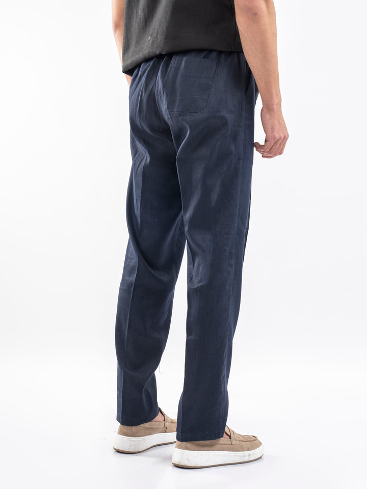 Navy Blue 100% Linen Pajama Trouser side view — Brumano Pakistan