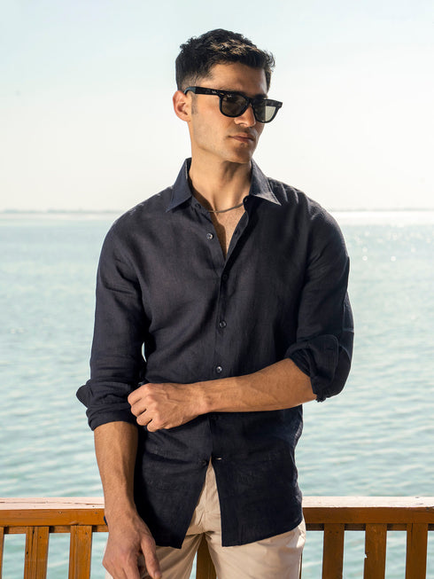 Navy Blue Airy Linen Blended Shirt