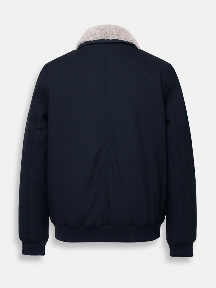 Navy Blue Aviator Jacket With Beige Sherpa Collar
